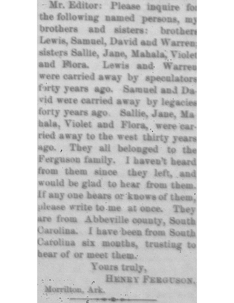 Henry Ferguson searching for his siblings, including his brothers Lewis, Samuel, David, and Warren