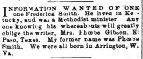 Phoebe Gibson (formerly Phoebe Smith) seeking information about Frederick Smith