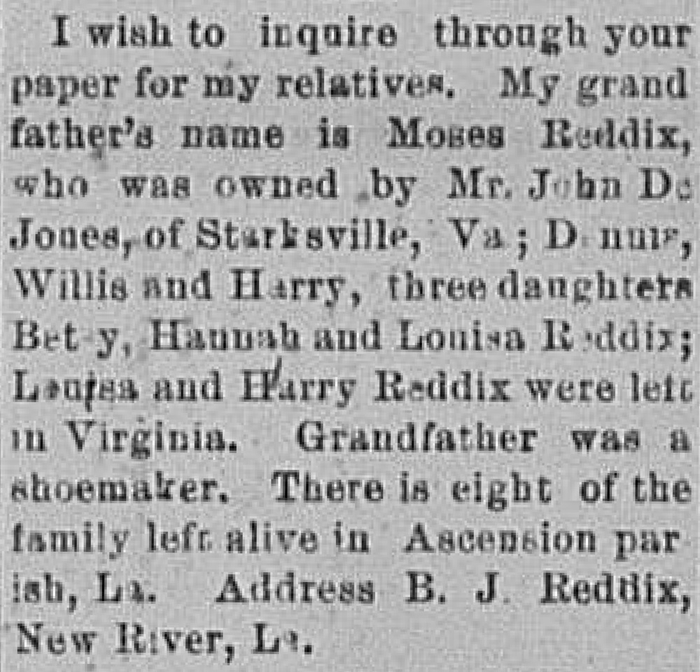 B. J. Reddix seeking his relatives including his grandfather Moses Reddix 