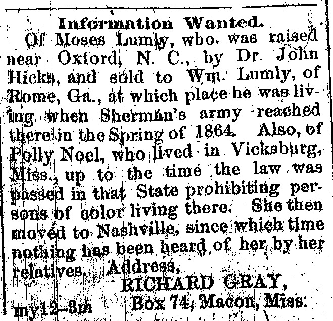 Richard Gray seeking information about Moses Lumly and Polly Noel