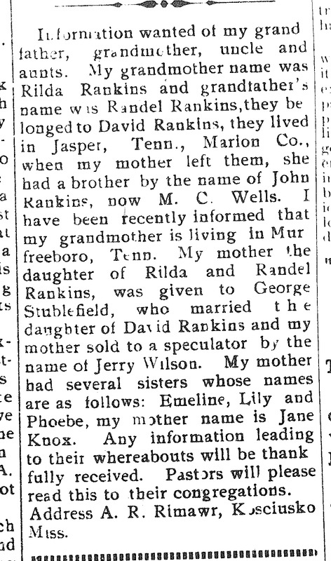 A. R. Rimawr seeking information about grandparents Randel and Rilda Rankins and extended family