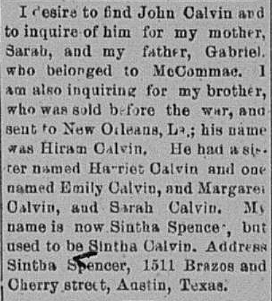 Sintha Spencer (formerly Sintha Calvin) searching for her mother, father, and brother