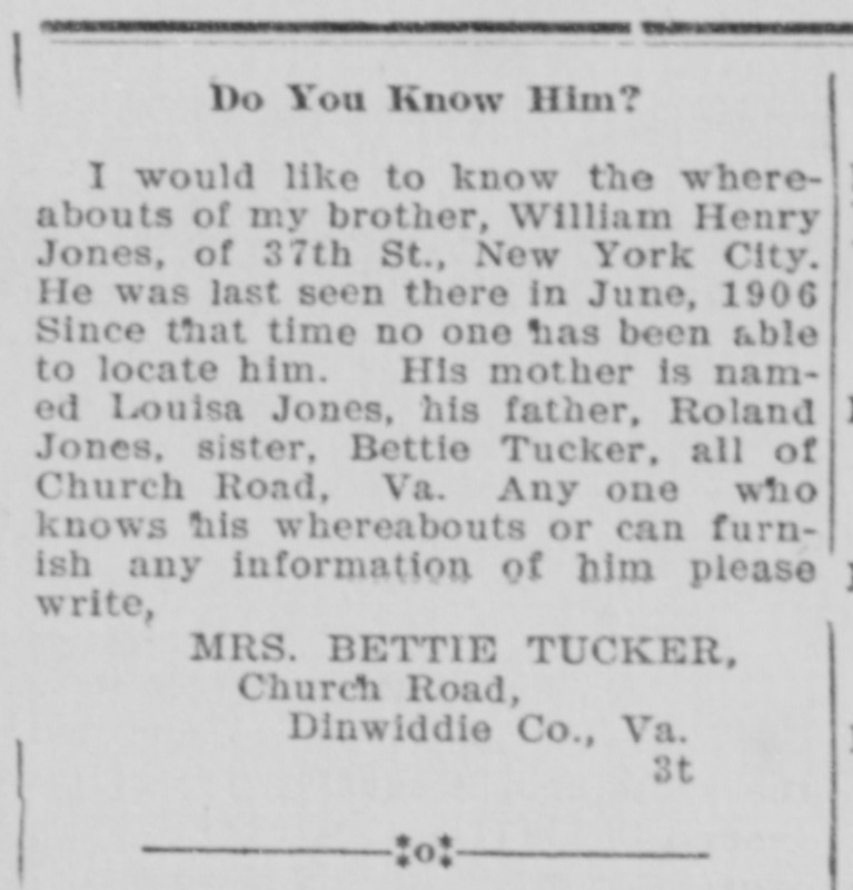 Mrs. Bettie Tucker searching for her brother, William Henry Jones