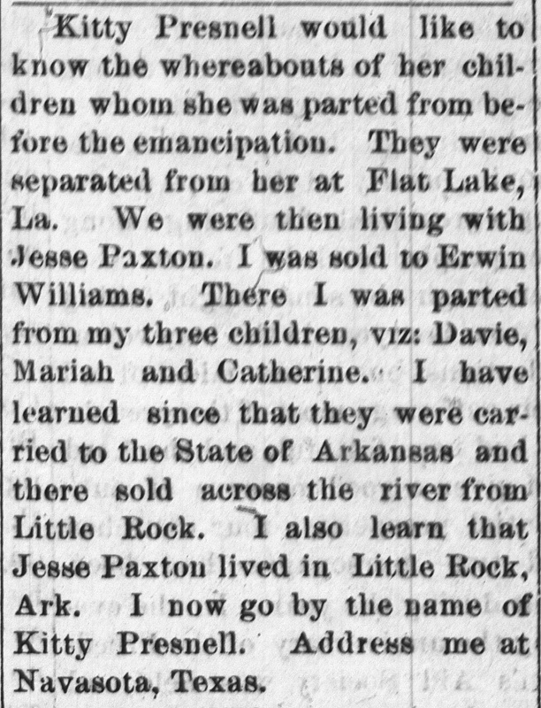 Kitty Presnell seeking information about her children Davie, Mariah, and Catherine