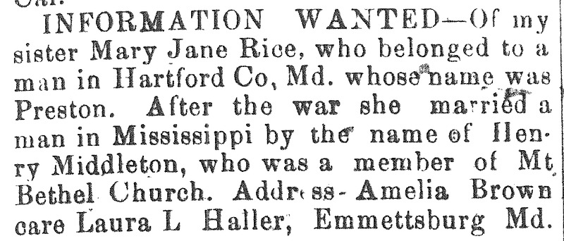 Amelia Brown seeking information of her sister Mary Jane Rice