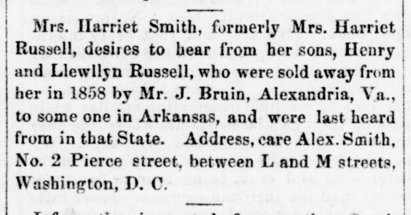 Mrs. Harriet Smith (formerly Harriet Russell) searching for her sons Henry and Llewllyn Russell