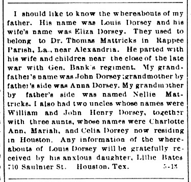 Lillie Bates searching for her father Louis Dorsey