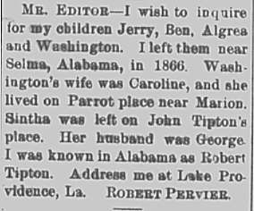 Robert Pervier (formerly Robert Tipton) searching for his children Jerry, Ben, Algrea, and Washington