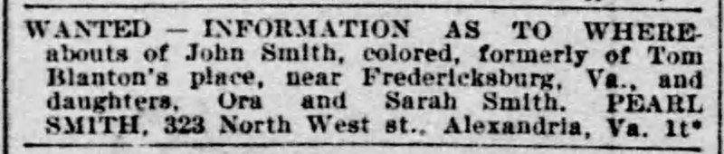 Pearl Smith searching for John Smith and his daughters Ora and Sarah Smith 