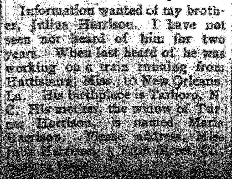 Julia Harrison seeking information about her brother Julius Harrison (2nd of 2 ads)