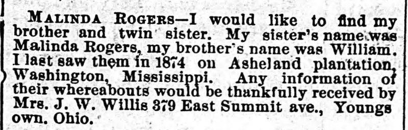 Mrs. J. W. Willis searching for her brother William and her twin sister Malinda Rogers