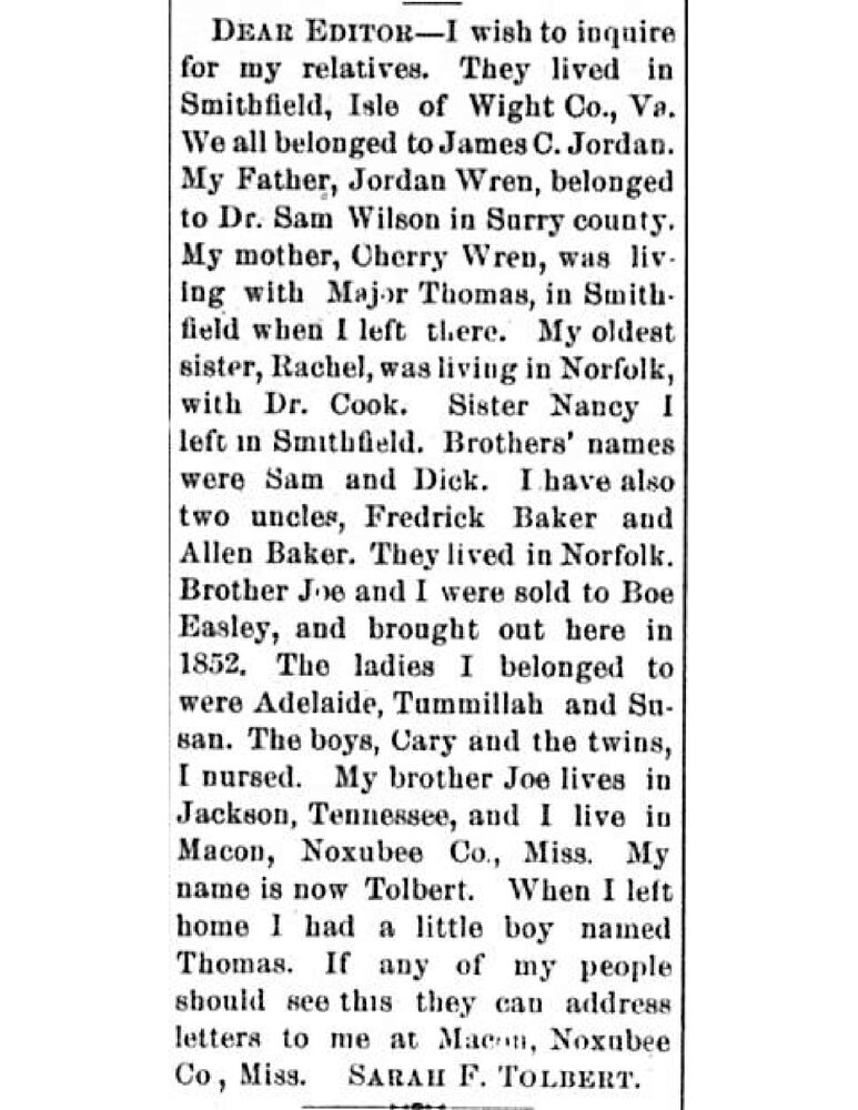 Sarah F. Tolbert searching for her relatives, including her father Jordan Wren and mother Cherry Wren