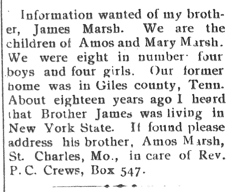 Amos Marsh seeking information of his brother James Marsh