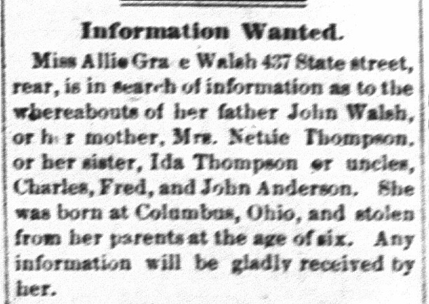 Miss Allie Grace Walsh searching for her father John Walsh and mother Mrs. Nettie Thompson 