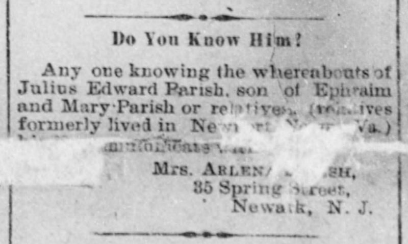 Mrs. Arlena Parish searching for Julius Edward Parish