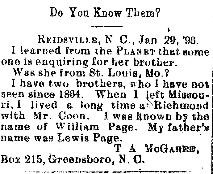 T. A. McGahee (formerly William Page) seeking information about his unnamed sister and brothers