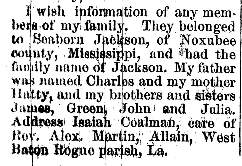 Isaiah Coalman seeking information about his father Charles Jackson, mother Hatty Jackson, and several siblings