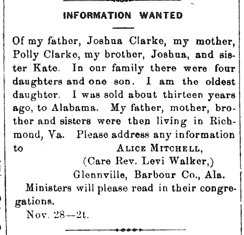 Alice Mitchell looking for her father Joshua Clarke and mother Polly Clarke and siblings Joshua and Kate