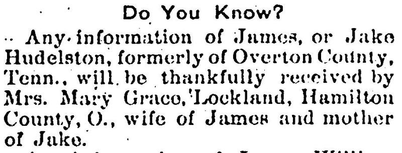 Mrs. Mary Grace Lockland seeking her husband James Hudelston and son Jake Hudelston