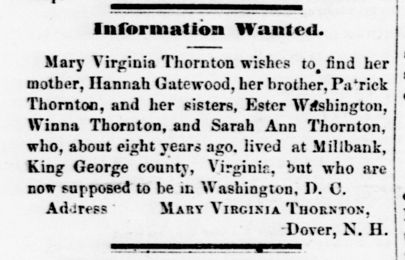 Mary Virginia Thornton, Dover, NH, searching for mother and siblings