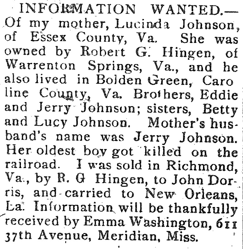 Emma Washington seeking information about her mother Lucinda Johnson