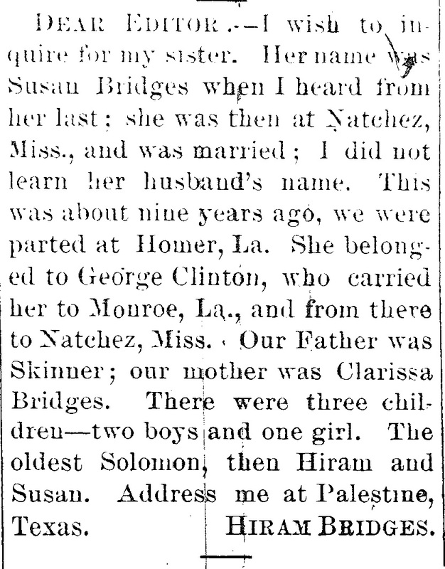 Hiram Bridges searching for his sister Susan Bridges