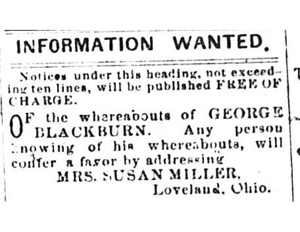 Mrs. Susan Miller searching for George Blackburn