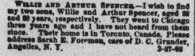 Sarah E. Foreman searching for her two sons, Willie and Arthur Spencer