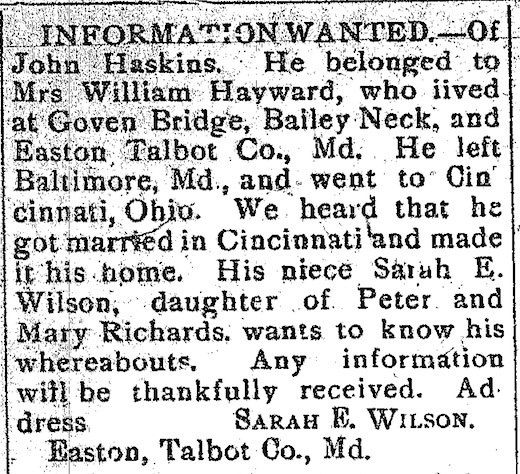 Sarah E. Wilson looking for her uncle John Haskins