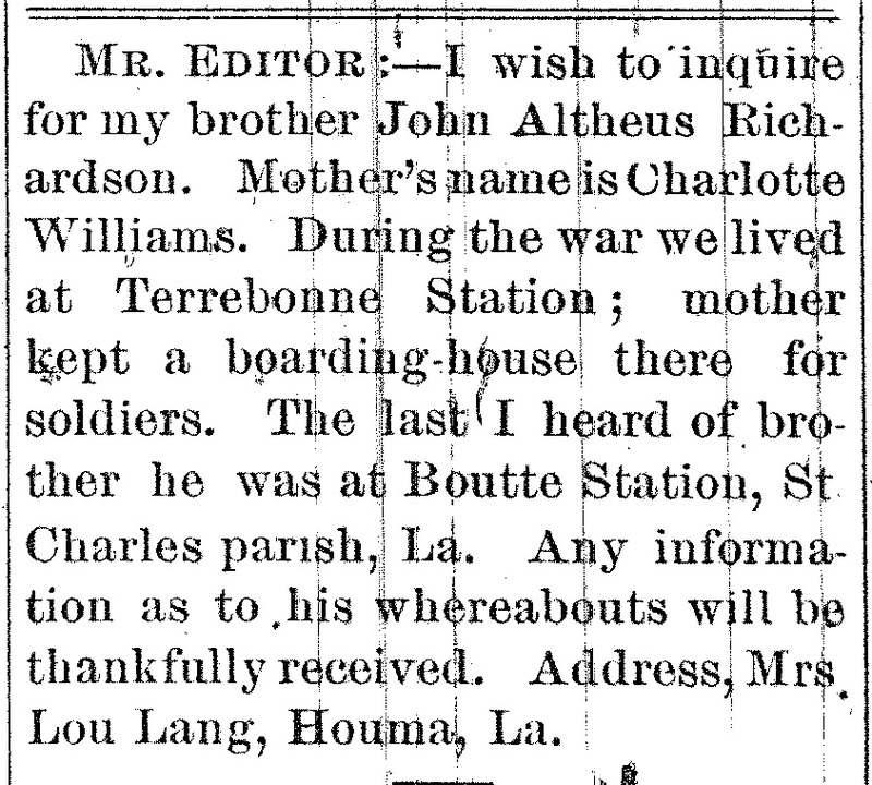 Mrs. Lou Lang searching for her brother John Altheus Richardson