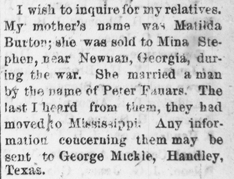 George Mickle searching for his mother Matilda Burton and her husband Peter Fauars