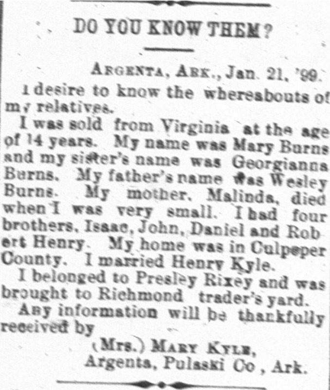 Mrs. Mary Kyle (formerly Mary Burns) searching for her relatives including her sister Georgianna Burns and father Wesley Burns