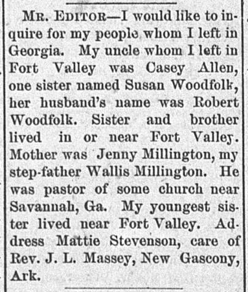 Mattie Stevenson seeking their uncle Casey Allen, sister Susan Woodfolk, and mother Jenny Millington