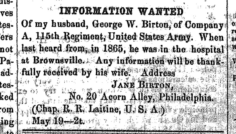 Jane Birton seeking for information about her husband George W. Birton