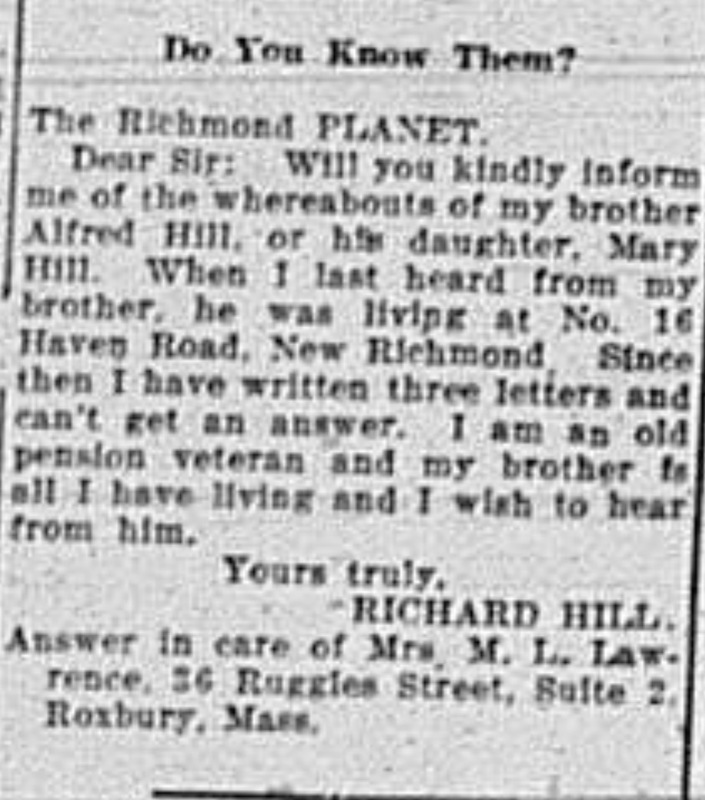 Richard Hill searching for brother Alfred Hill and niece Mary Hill