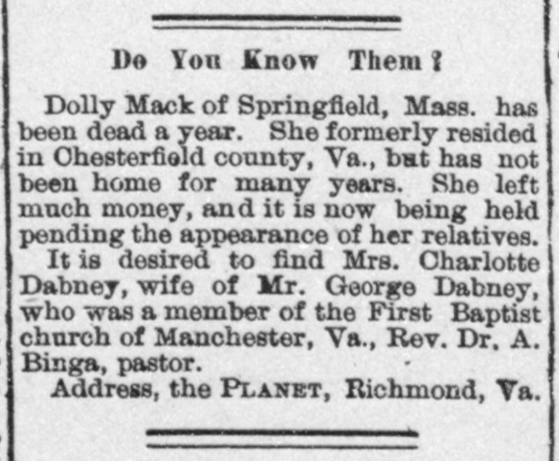 Seeking heirs of Dolly Mack