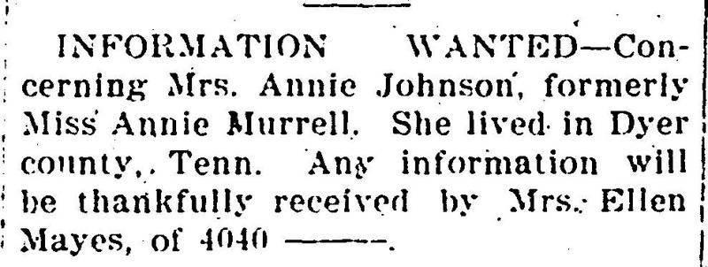 Ellen Mayes searching for Annie Johnson (formerly Miss Annie Murrell)