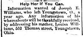 Louisa Williams searching for her son Joseph E. Williams