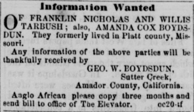 Geo. W. Boydsdun searching for Franklin Nicholas, Willis Tarbush, and Amanda Cox Boydsdun