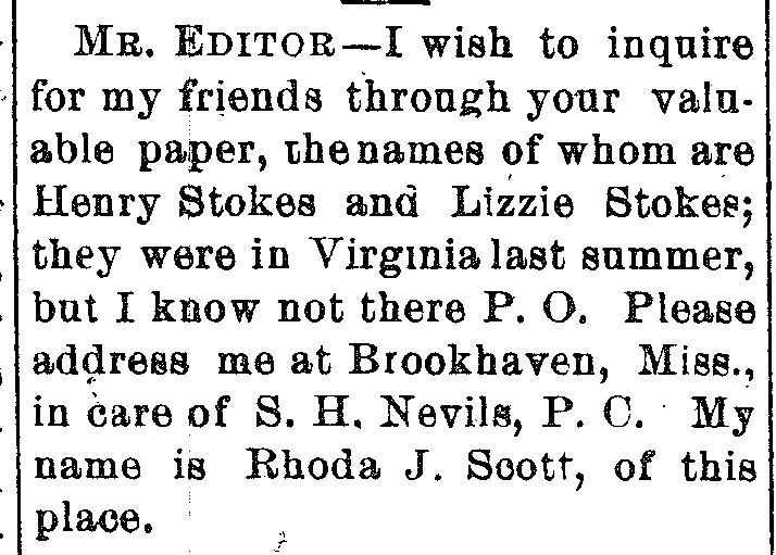 Rhoda J. Scott searching for her friends Lizzie and Henry Stokes