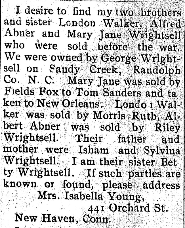 Betty Wrightsell searching for brothers London Walker, Alfred Abner, and sister Mary Jane Wrightsell