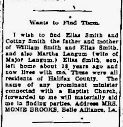 Mrs. Monie Brooks searching for Elias Smith, Cottny Smith, and Martha Langum