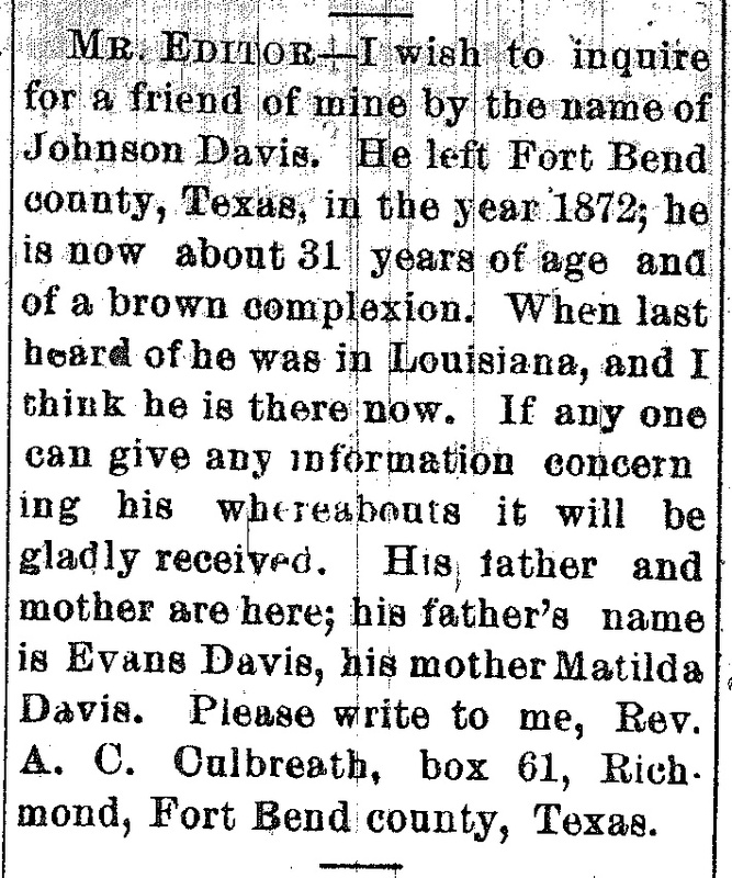 Rev. A. C. Culbreath searching for his friend Johnson Davis