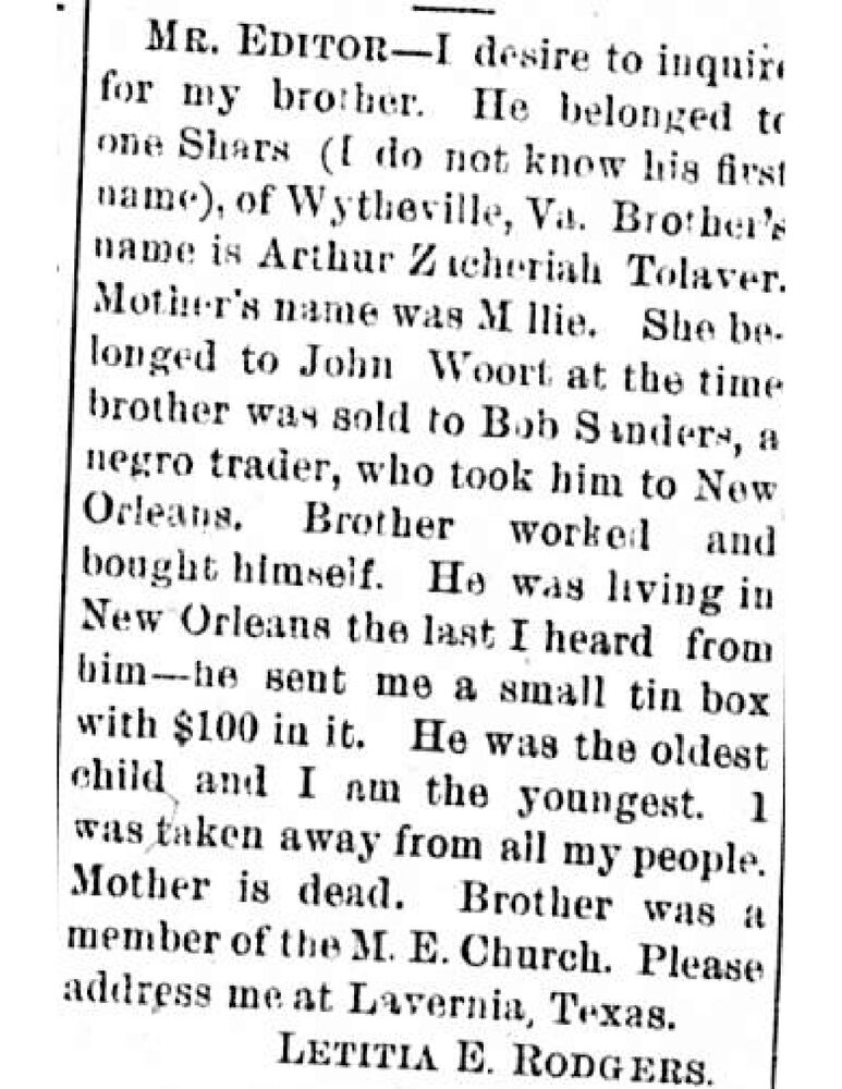 Letitia E. Rodgers searching for her brother Arthur Zacheriah Tolaver