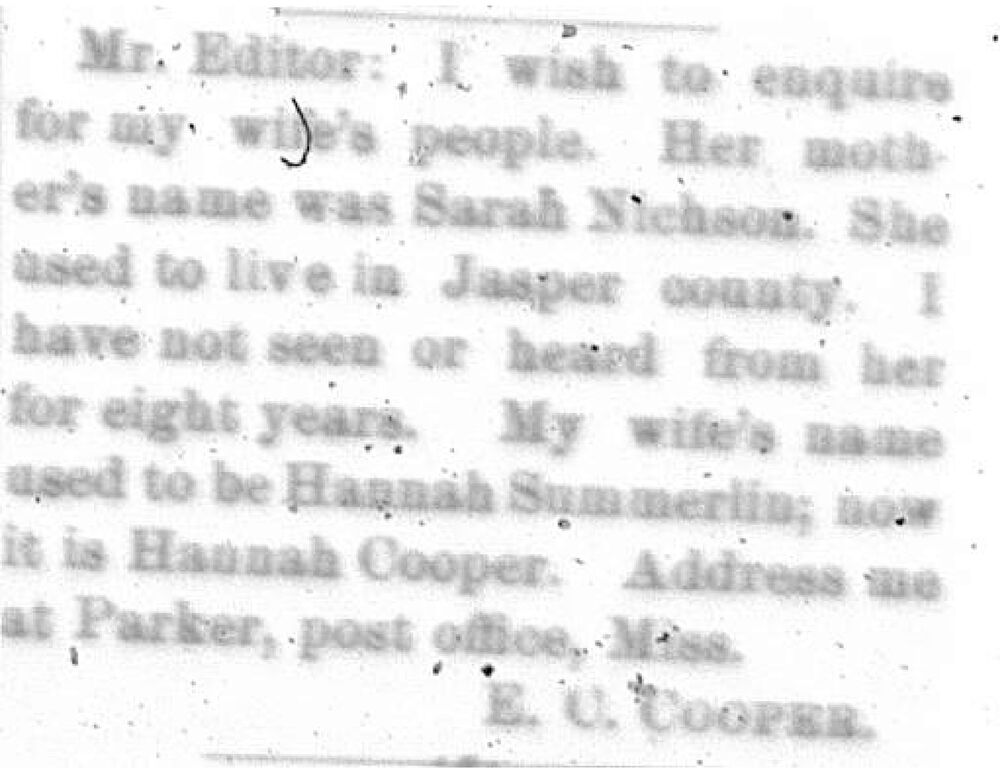 E. C. Cooper searching for his mother-in-law Sarah Nichson