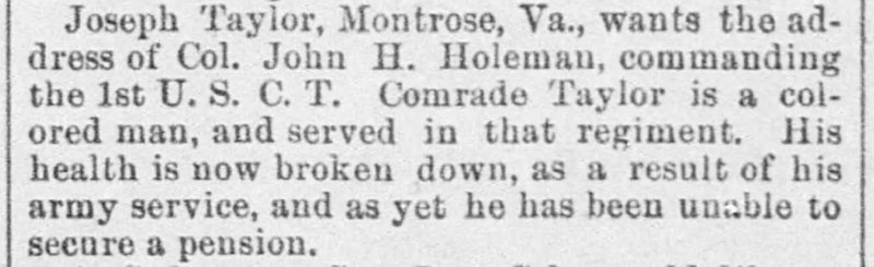 Joseph Taylor seeking the address of Col. John H. Holeman