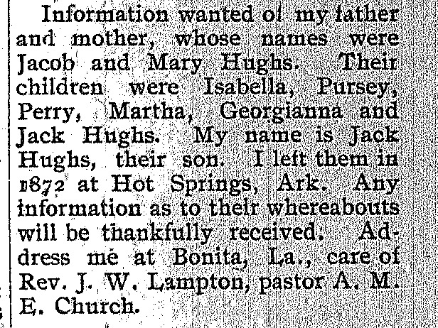 Rev. J. W. Lampton looking for parents Jacob and Mary Hughs