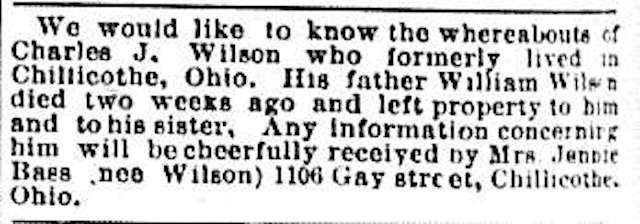 Jennie Bass seeking the whereabouts of Charles J. Wilson