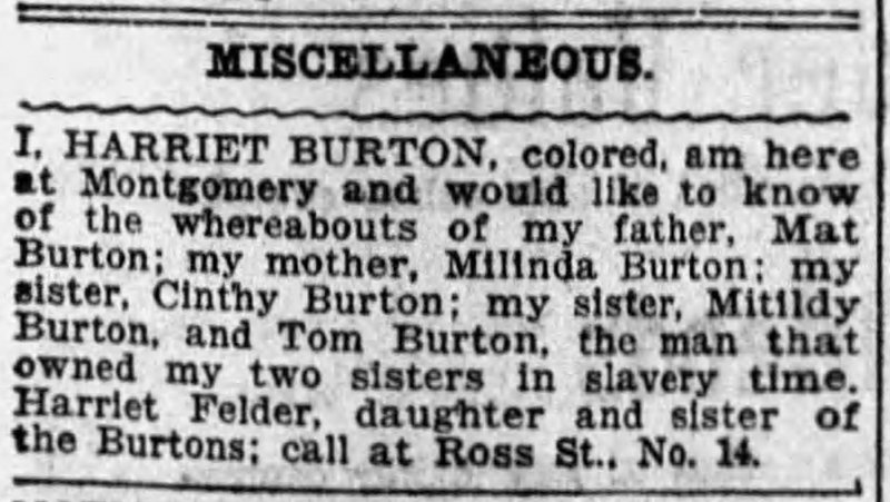 Harriet Felder (formerly Harriet Burton)  searching for her parents Mat and Milinda Burton and sisters Cinthy and Mitildy Burton