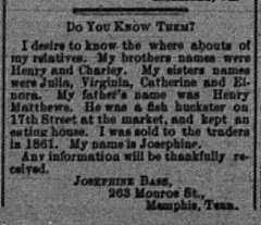 Josephine Bass searching for her siblings and father.